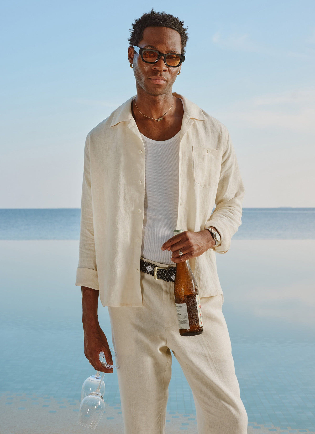 Men's Long Sleeve Cuban Shirt - 100% Linen - Cream