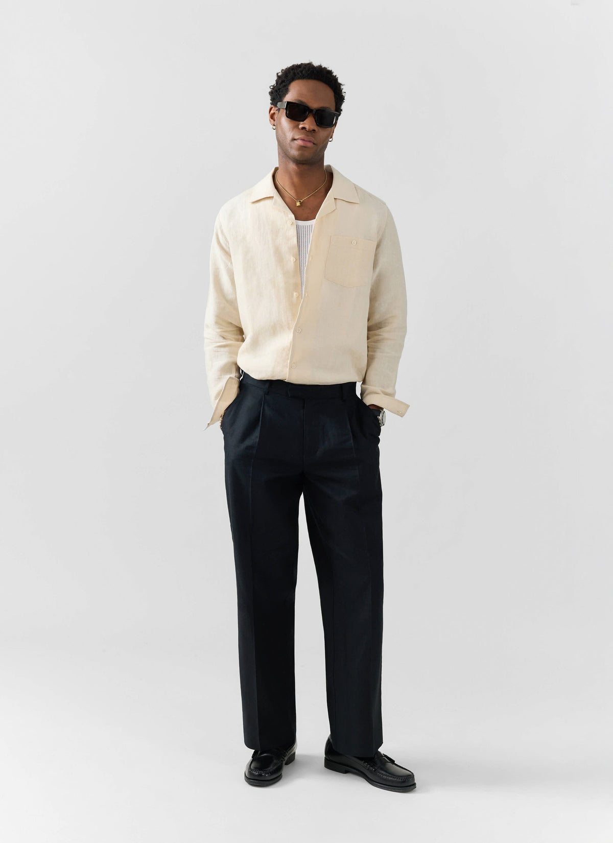 Men's Long Sleeve Cuban Shirt - 100% Linen - Cream