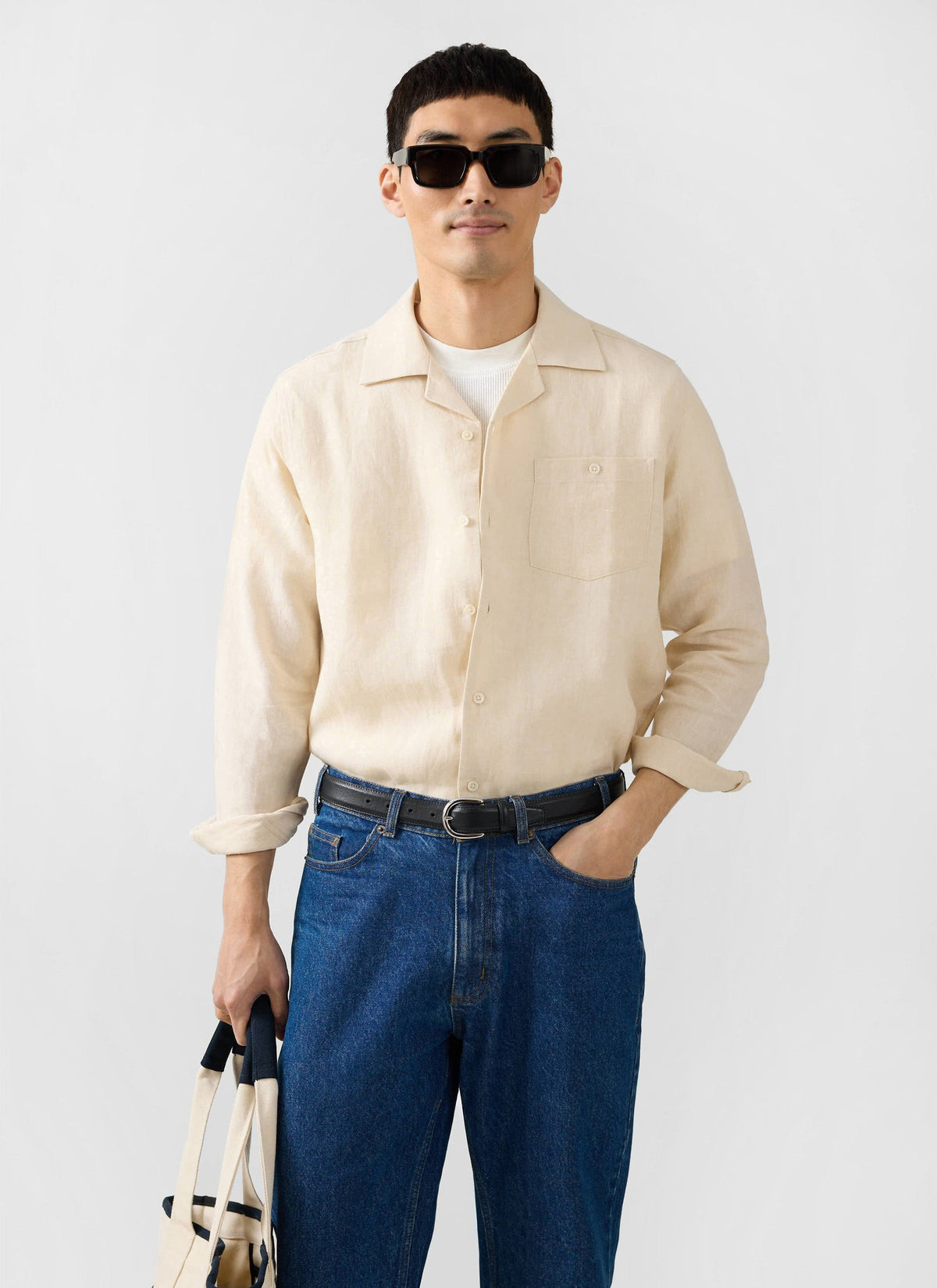 Men's Long Sleeve Cuban Shirt - 100% Linen - Cream