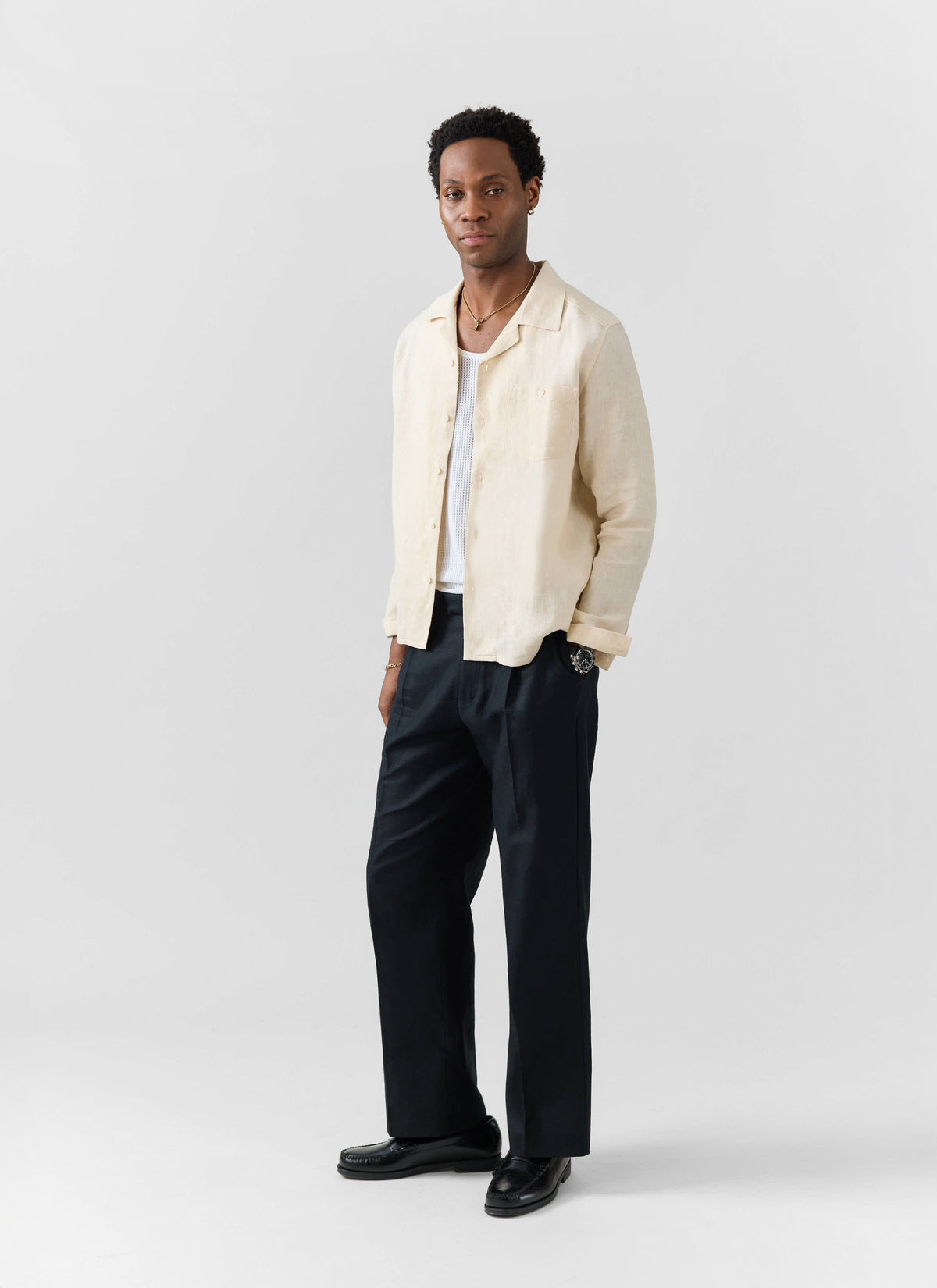 Men's Long Sleeve Cuban Shirt - 100% Linen - Cream