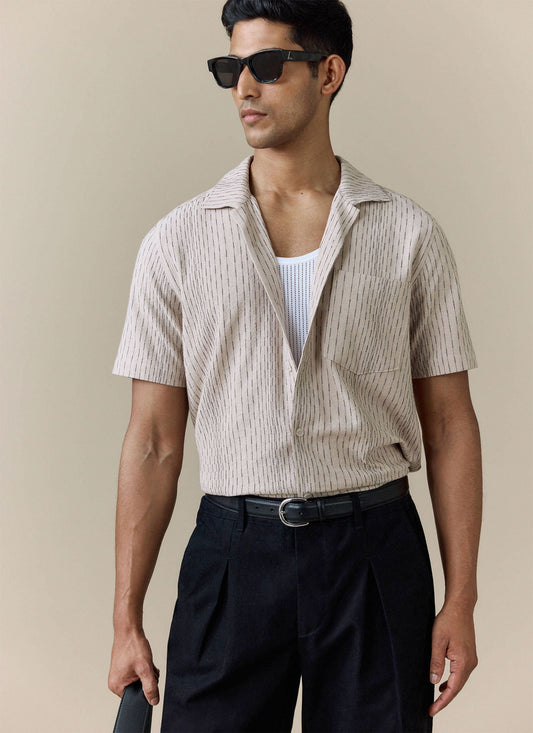 Men's Cuban Collar Shirt: Leland - Cream - Cotton