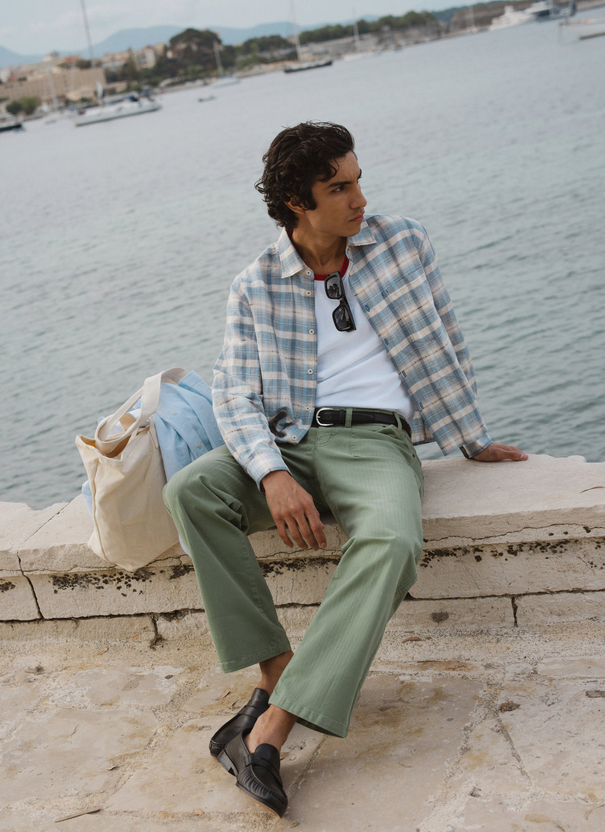 Men's Check Shirt - Jesse - Linen Blend - Light Blue
