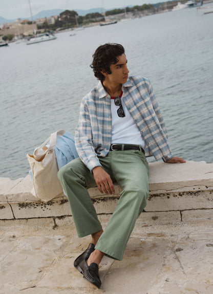 Men's Check Shirt - Jesse - Linen Blend - Light Blue