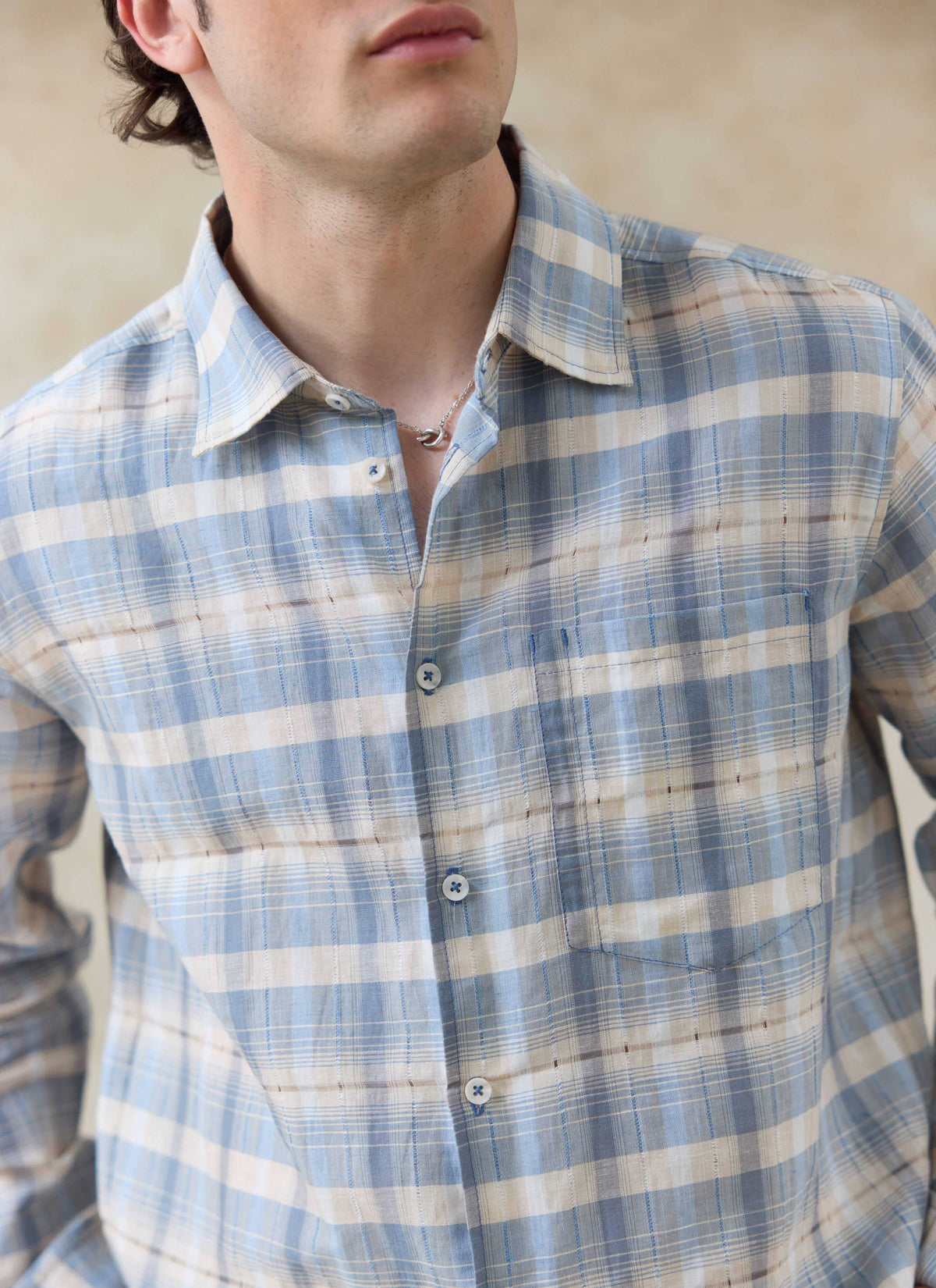 Men's Check Shirt - Jesse - Linen Blend - Light Blue