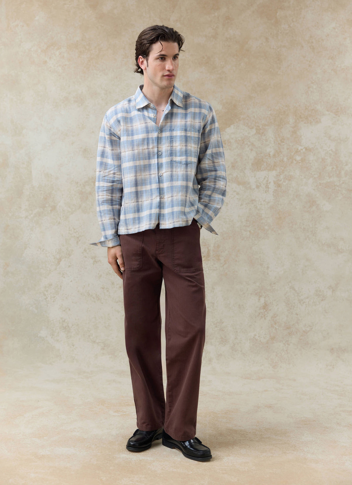 Men's Check Shirt - Jesse - Linen Blend - Light Blue