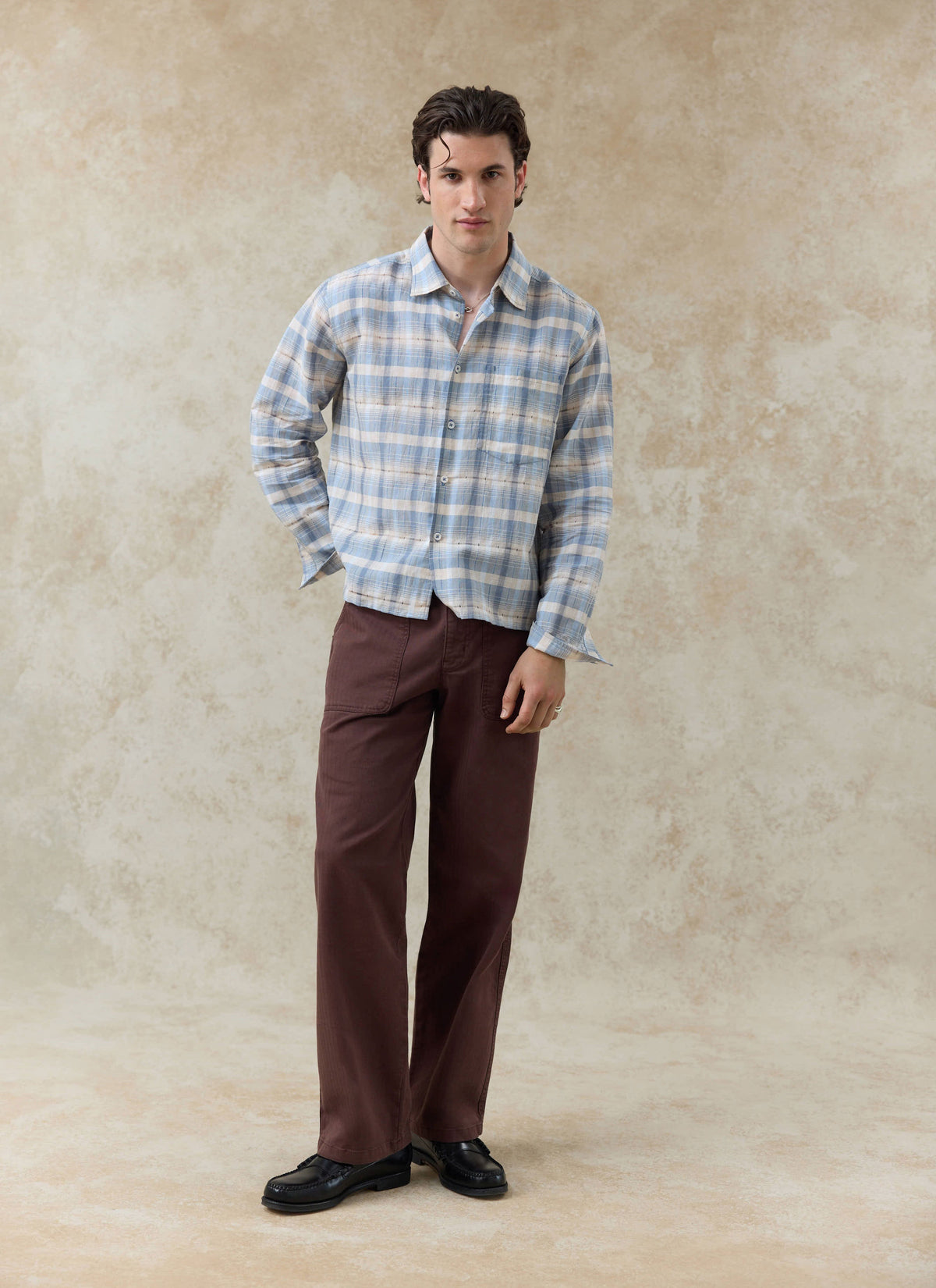 Men's Check Shirt - Jesse - Linen Blend - Light Blue