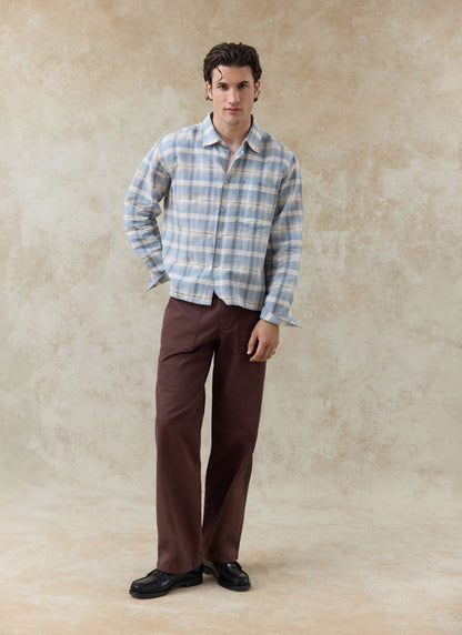 Men's Check Shirt - Jesse - Linen Blend - Light Blue