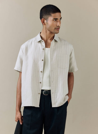 Men's Boxy Short Sleeve Shirt - Linen Blend - Cream