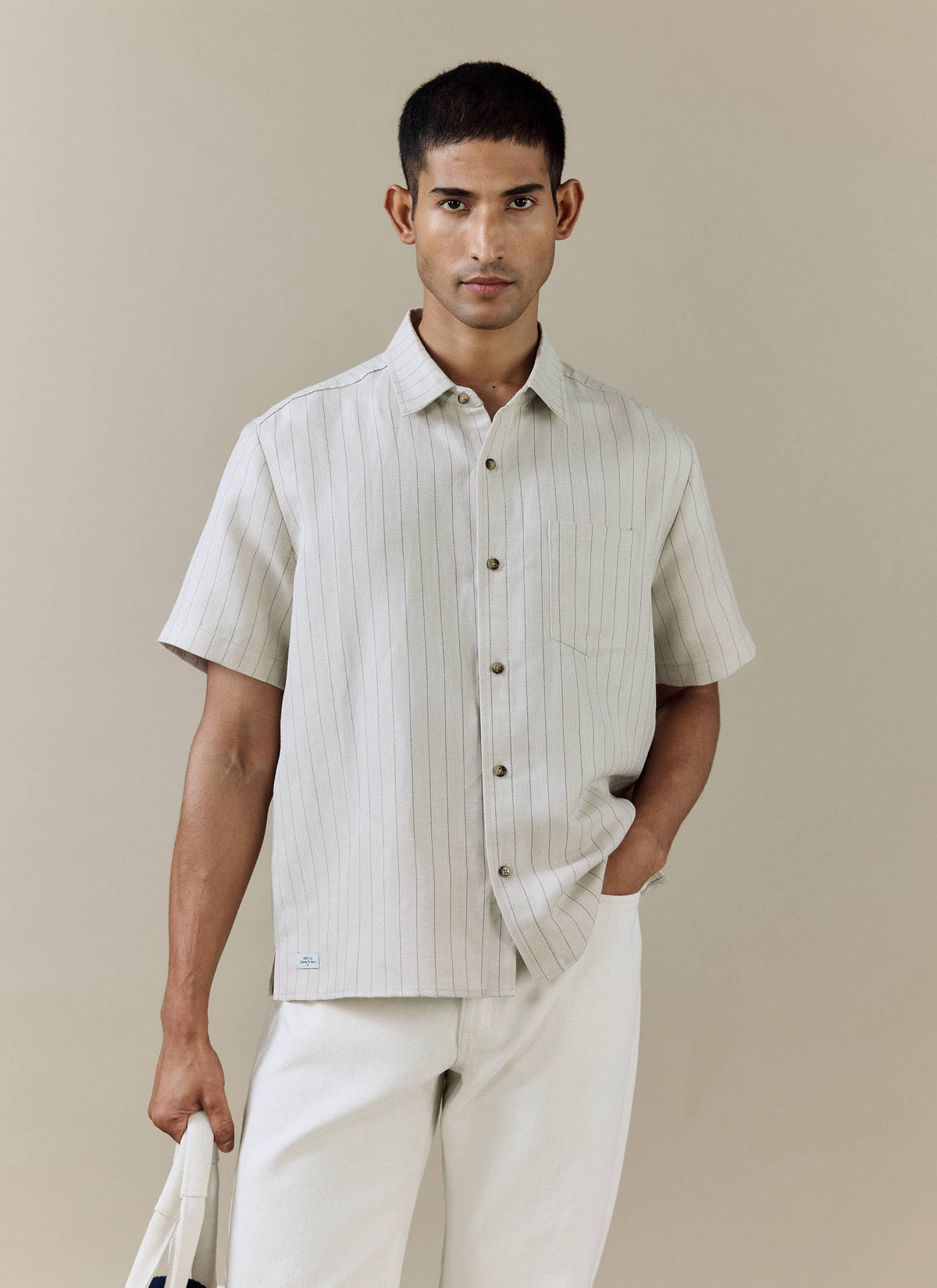 Men's Boxy Short Sleeve Shirt - Linen Blend - Cream
