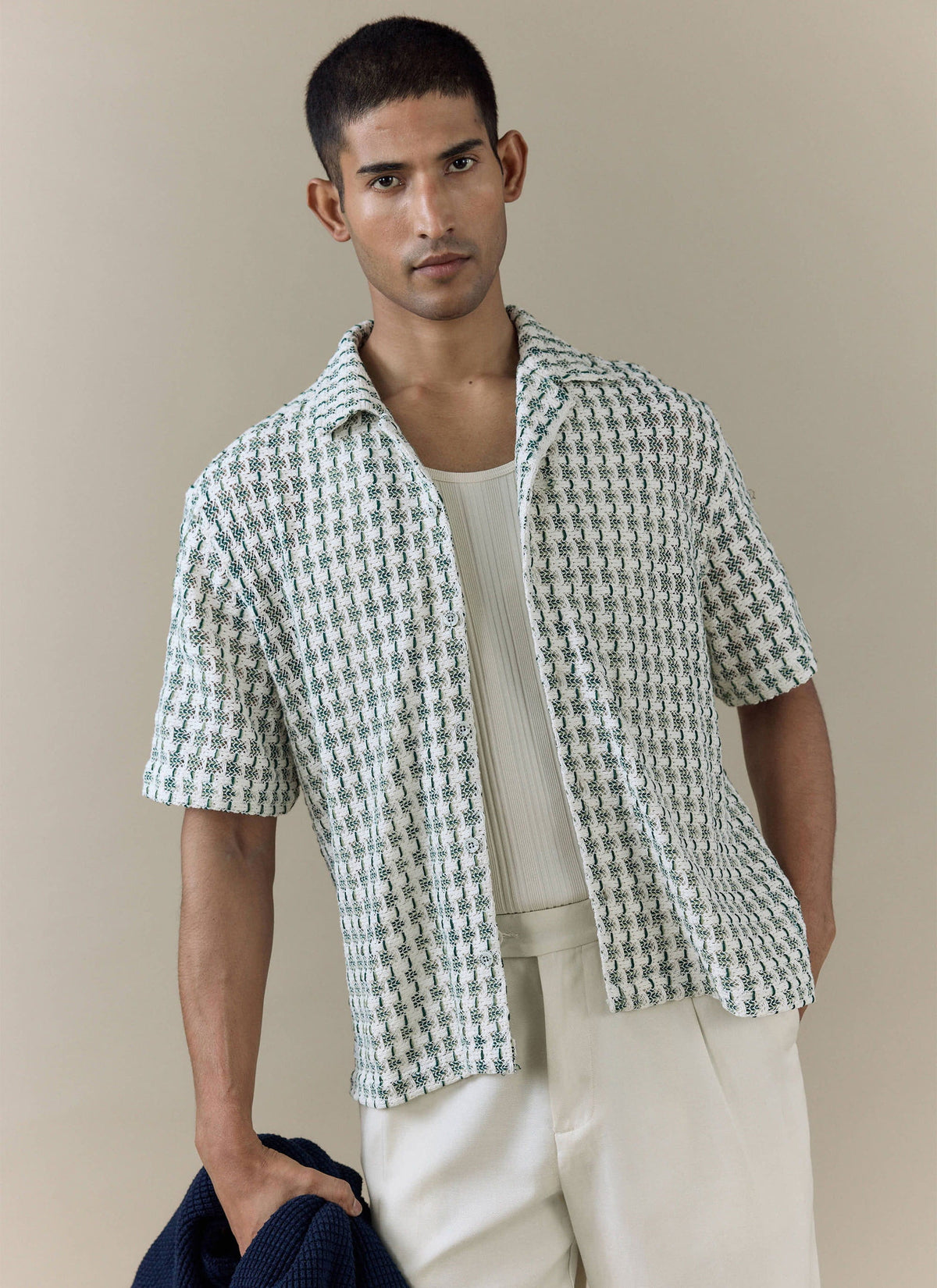 Men's Short Sleeve Crochet Shirt - Cotton - Green