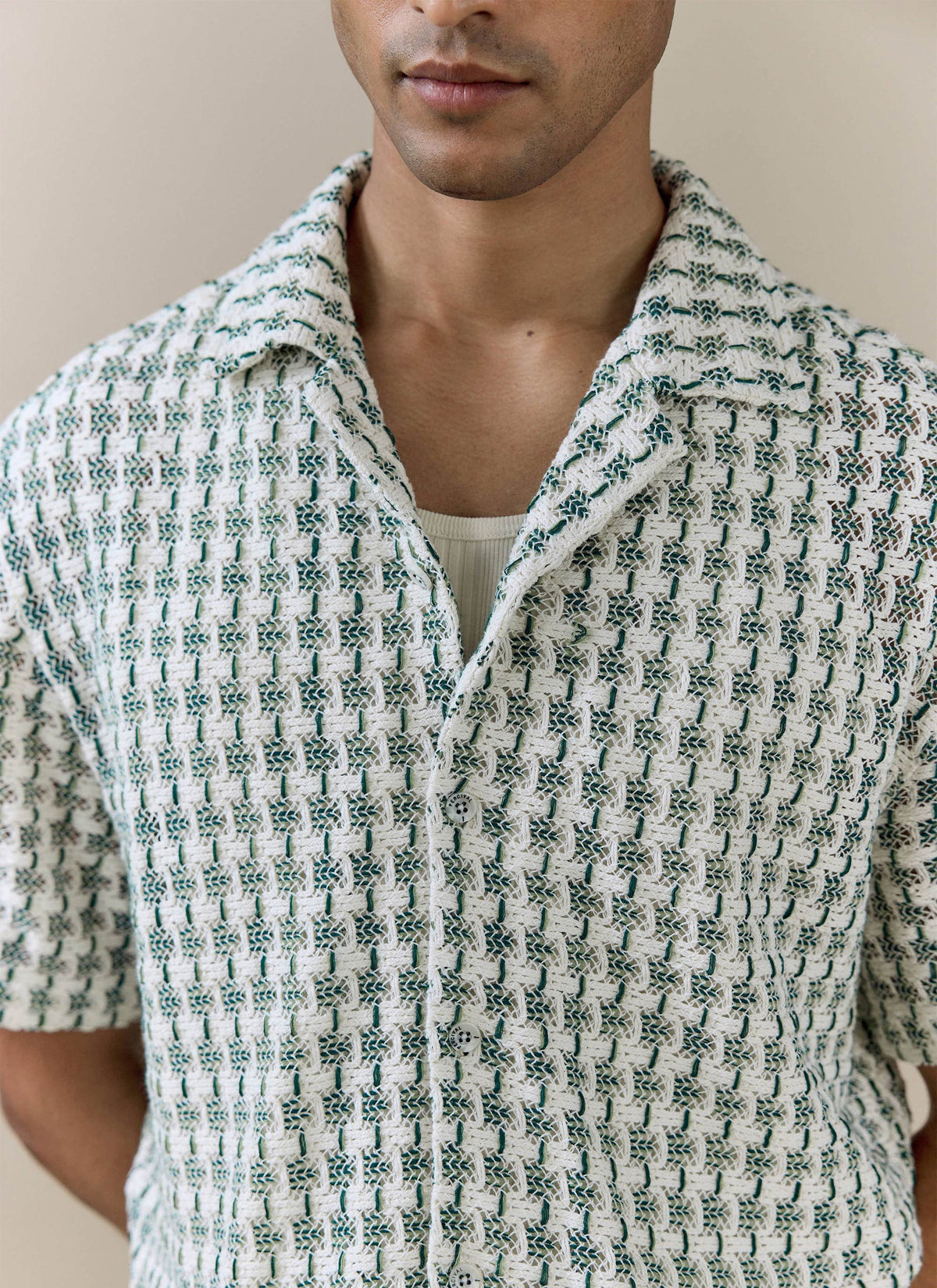 Men's Short Sleeve Crochet Shirt - Cotton - Green