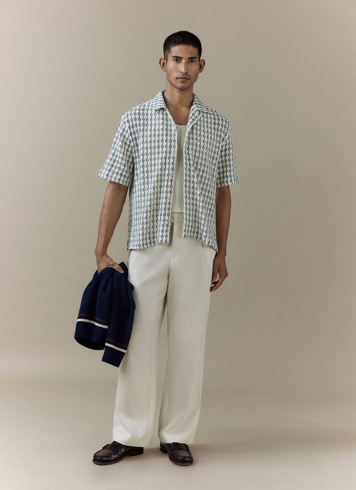 Men's Short Sleeve Crochet Shirt - Cotton - Green