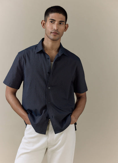 Men's Seersucker Boxy Shirt - Cotton - Navy Stripe