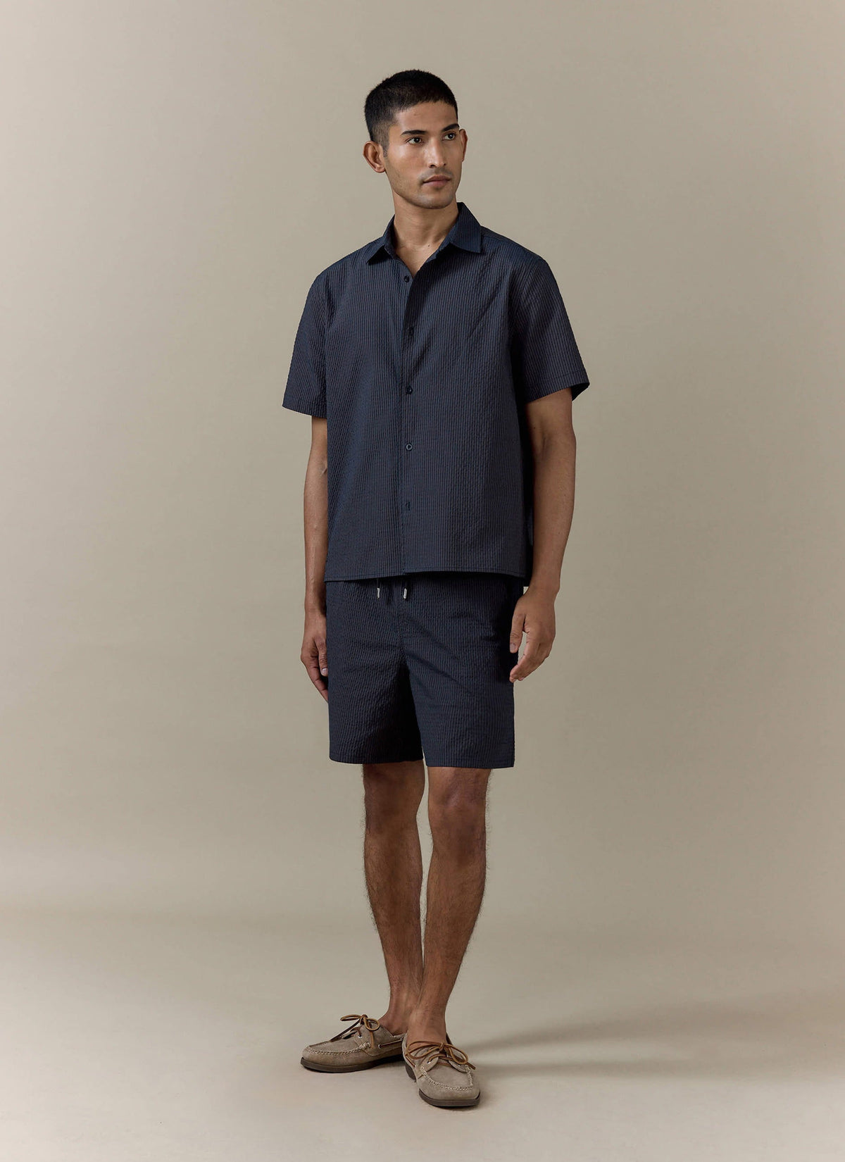 Men's Seersucker Boxy Shirt - Cotton - Navy Stripe