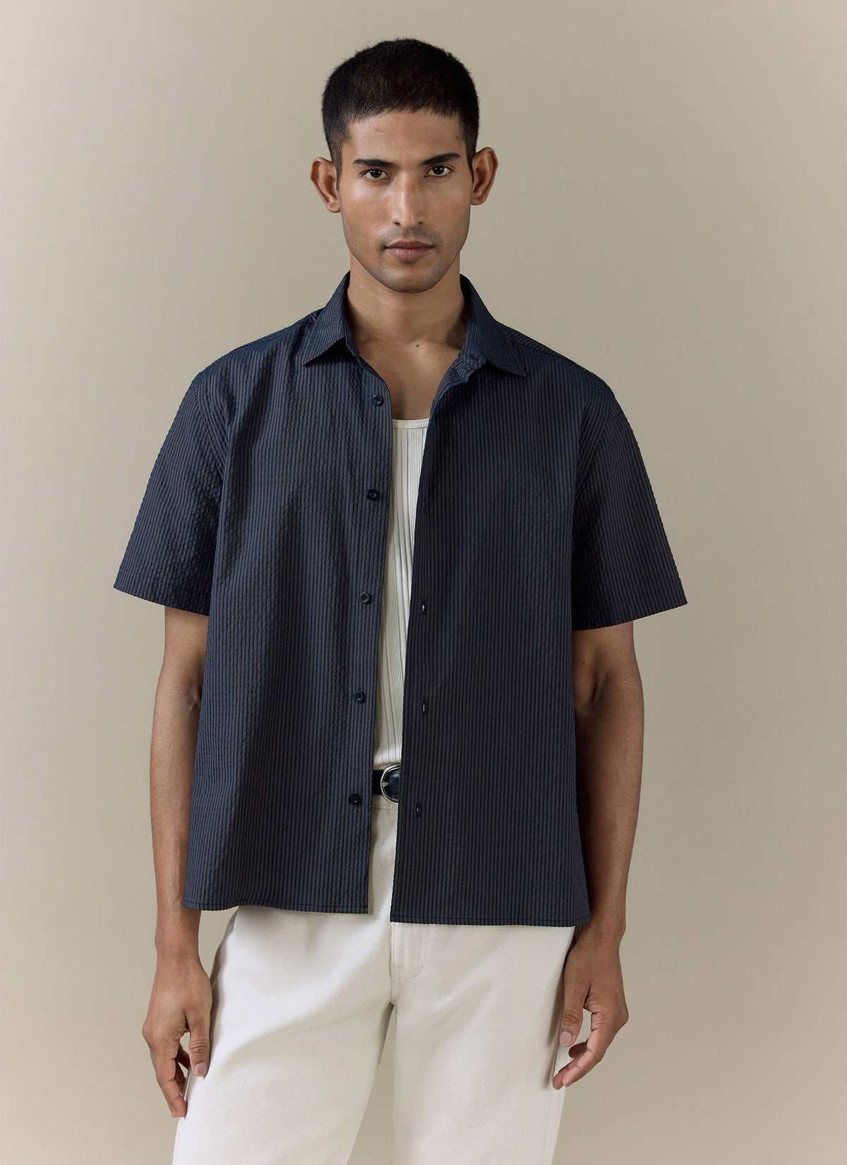 Men's Seersucker Boxy Shirt - Cotton - Navy Stripe