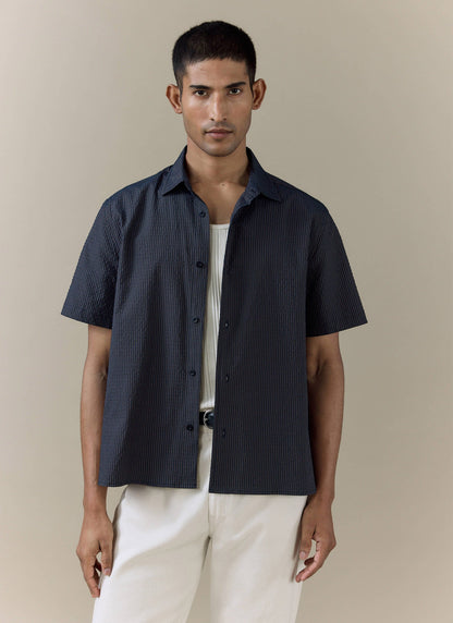 Men's Seersucker Boxy Shirt - Cotton - Navy Stripe