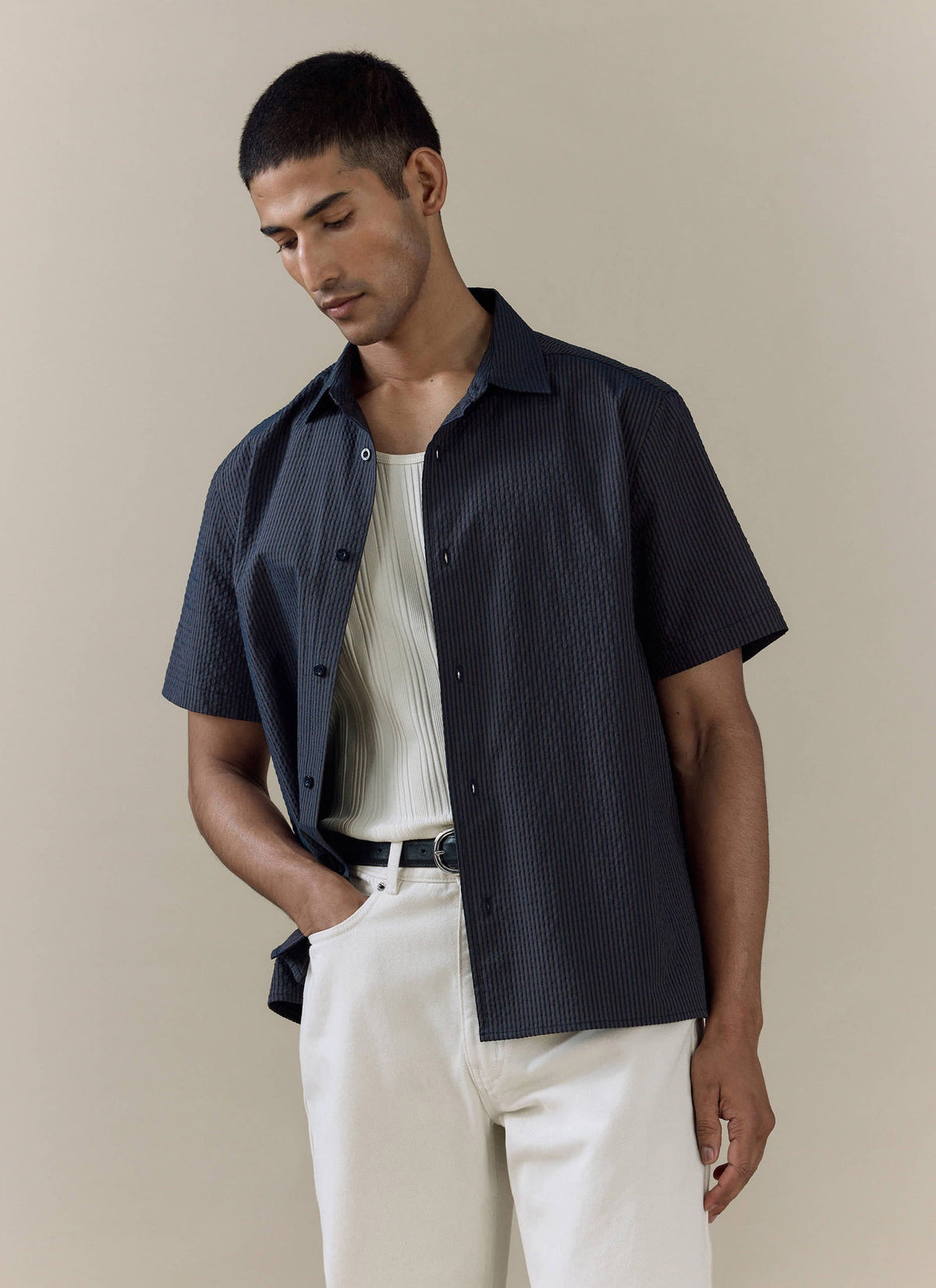 Men's Seersucker Boxy Shirt - Cotton - Navy Stripe