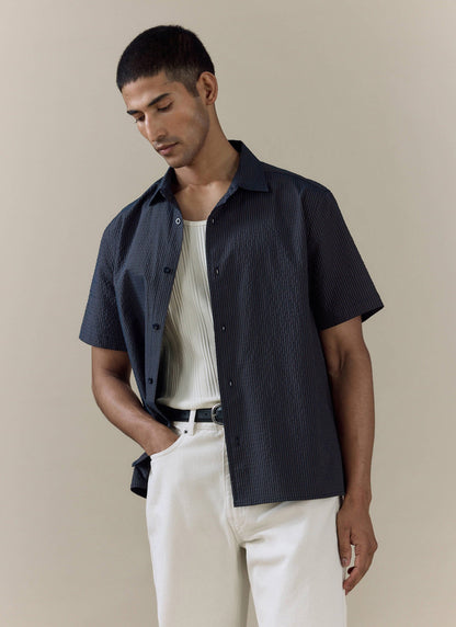 Men's Seersucker Boxy Shirt - Cotton - Navy Stripe