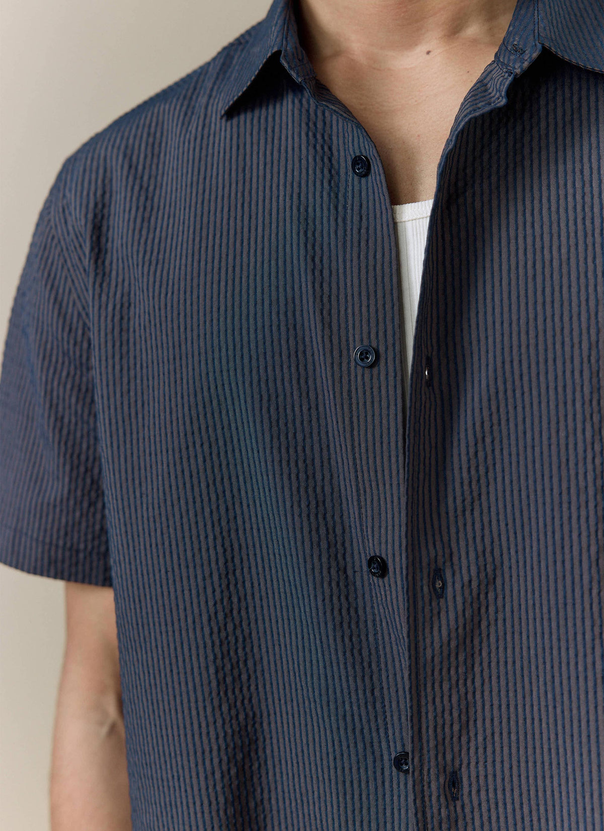 Men's Seersucker Boxy Shirt - Cotton - Navy Stripe