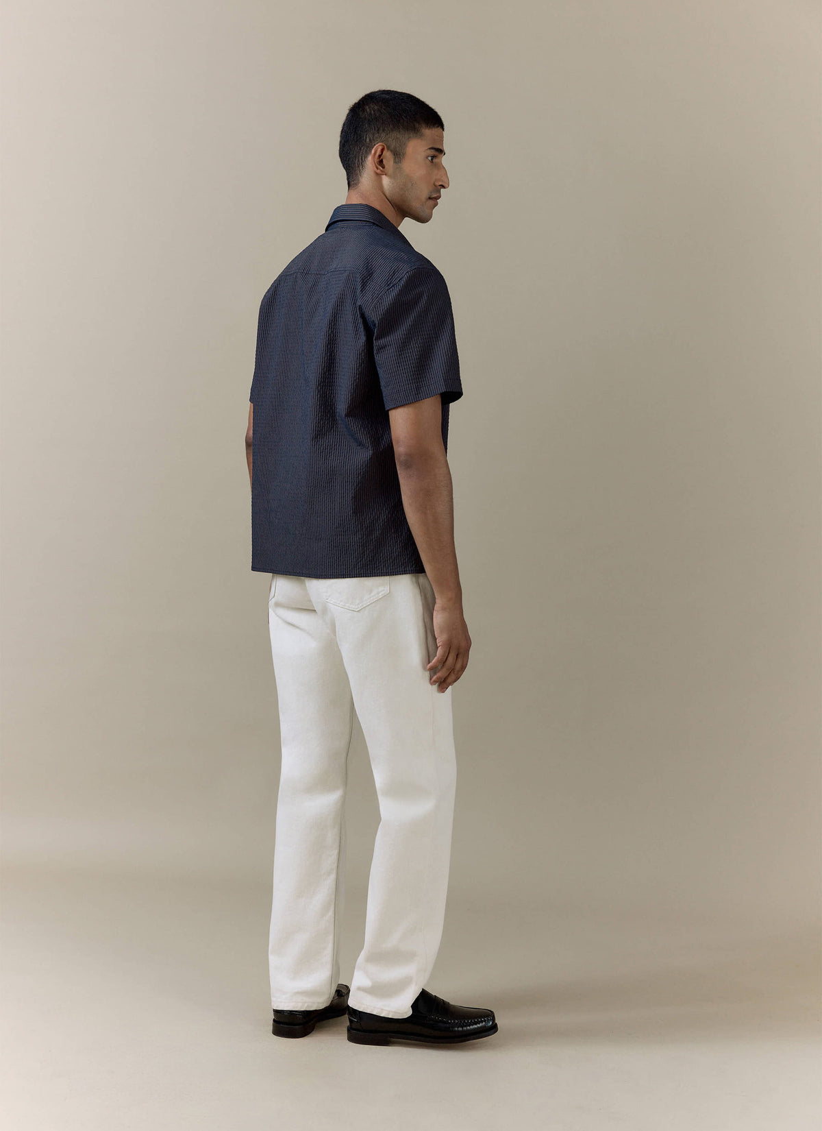 Men's Seersucker Boxy Shirt - Cotton - Navy Stripe