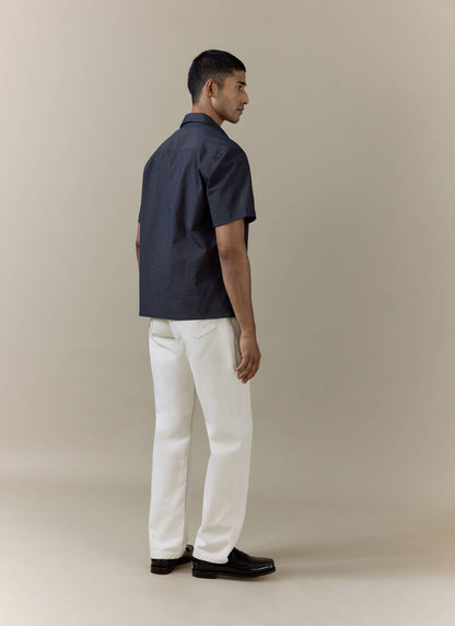Men's Seersucker Boxy Shirt - Cotton - Navy Stripe