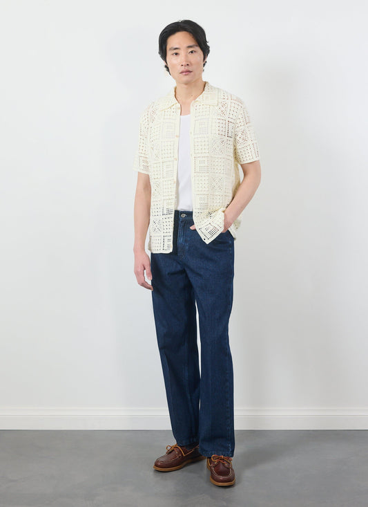 Men's Knitted Crotchet Shirt - Groundsman - Cotton - Ecru