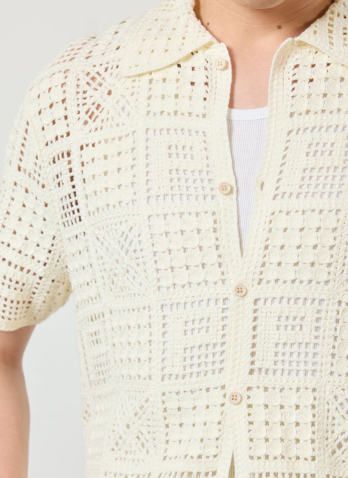 Men's Knitted Crotchet Shirt - Groundsman - Cotton - Ecru