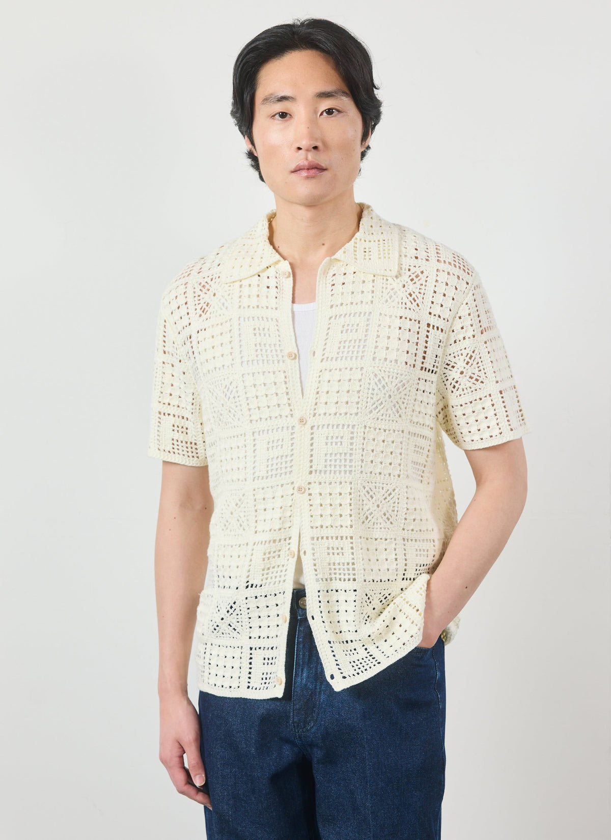 Men's Knitted Crotchet Shirt - Groundsman - Cotton - Ecru