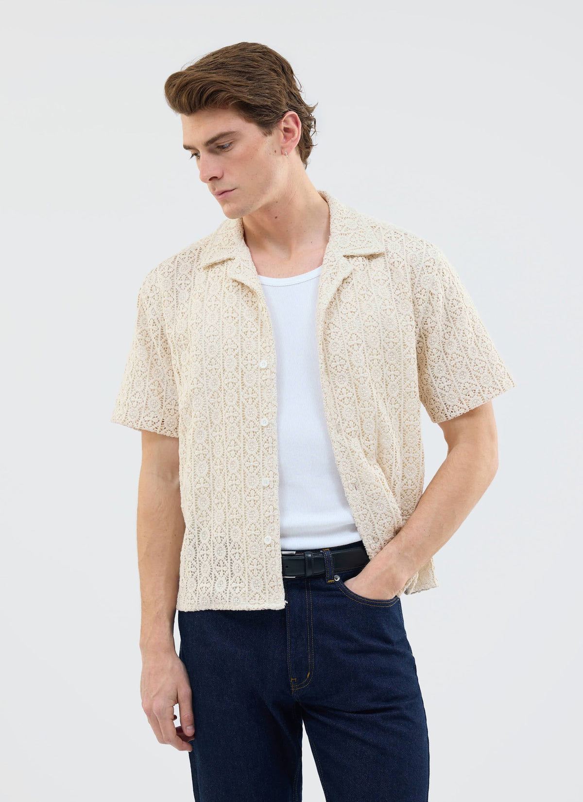 Men's Crochet Cuban Shirt: Elio - Ecru Cream