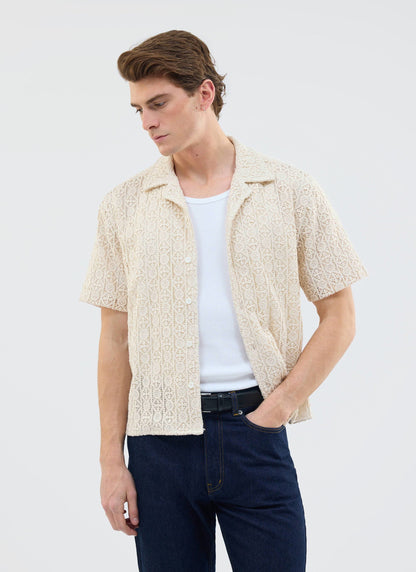 Men's Crochet Cuban Shirt: Elio - Ecru Cream