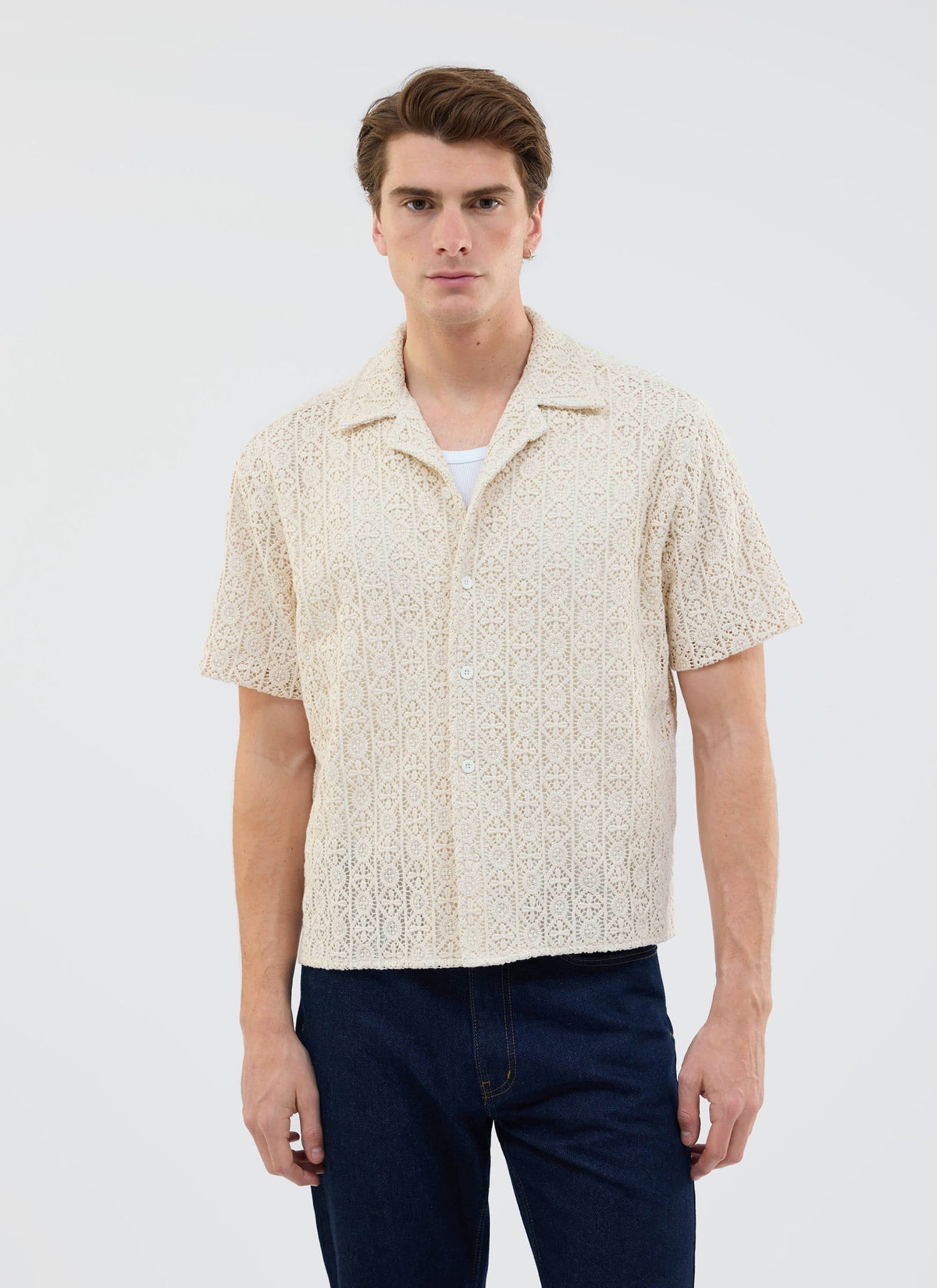 Men's Crochet Cuban Shirt: Elio - Ecru Cream