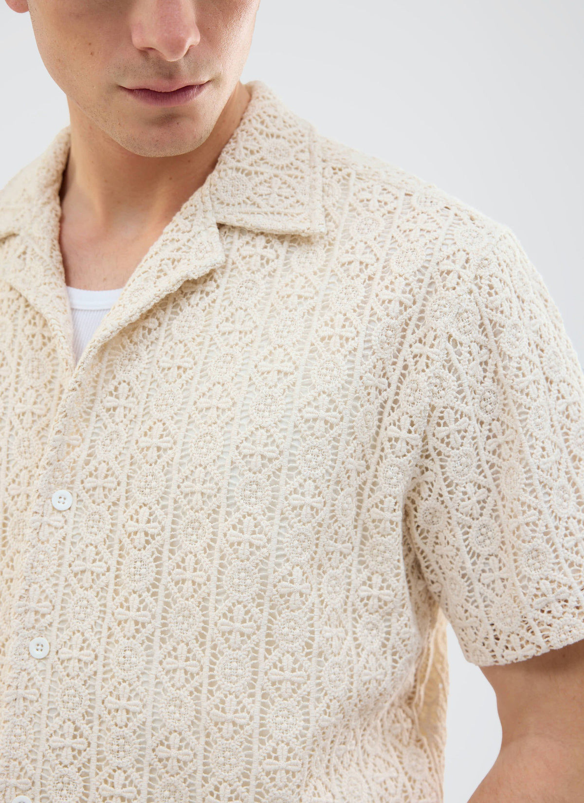 Men's Crochet Cuban Shirt: Elio - Ecru Cream