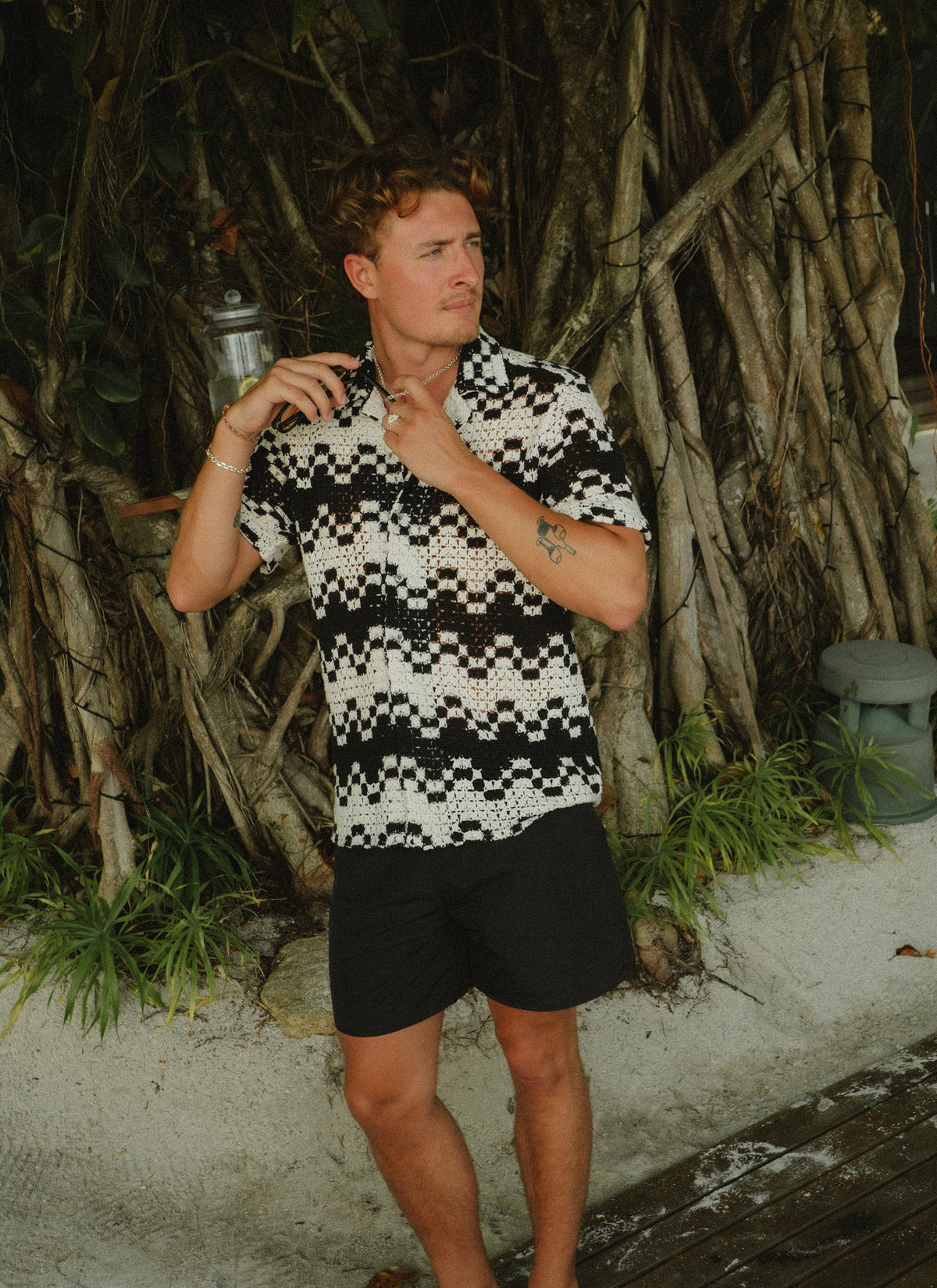 Men's Crochet Cuban Collar Shirt - Naples - Ecru Cream