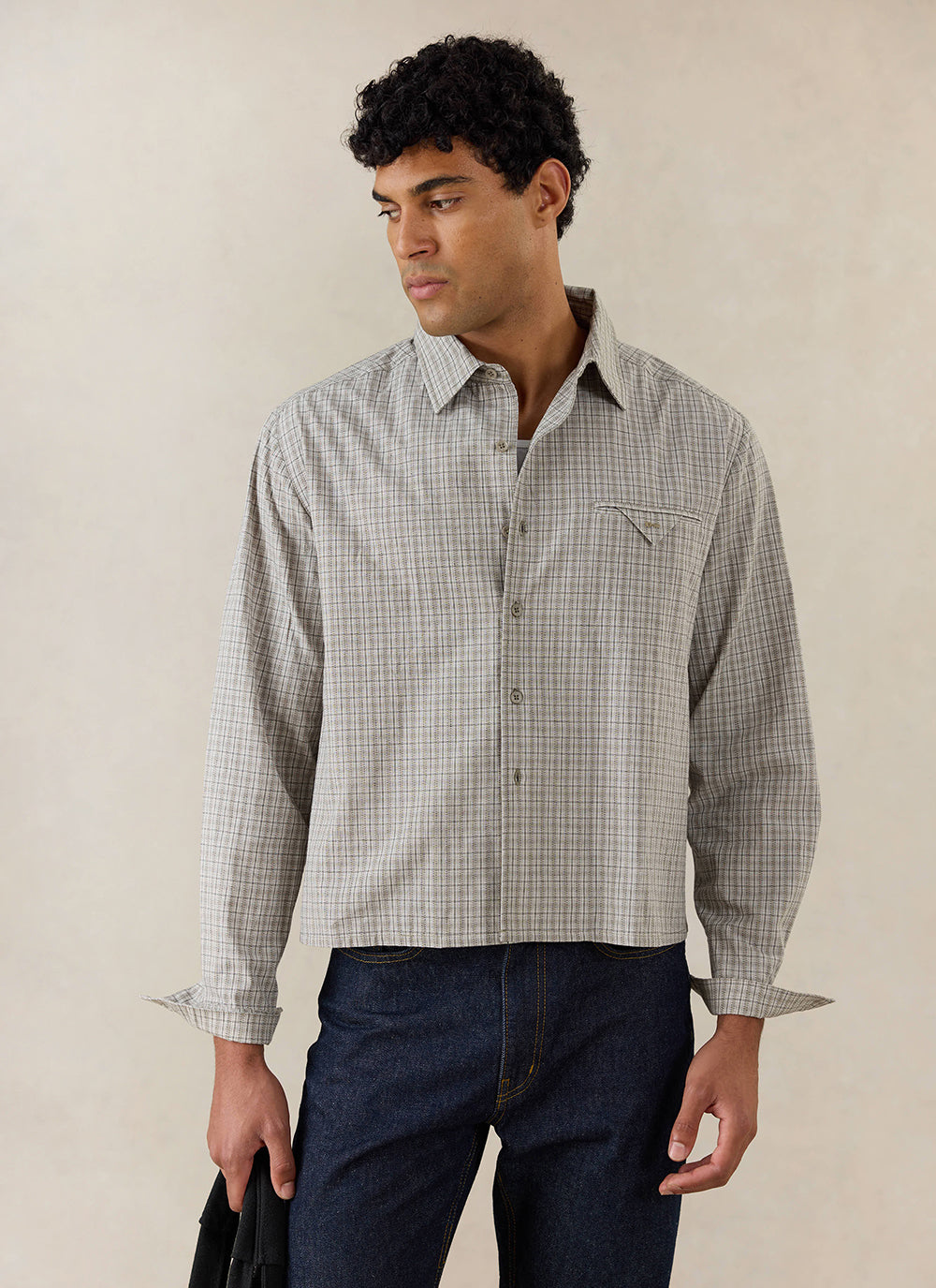 Men's Check Shirt: Hinsley - Cotton - Cream Check - Percival