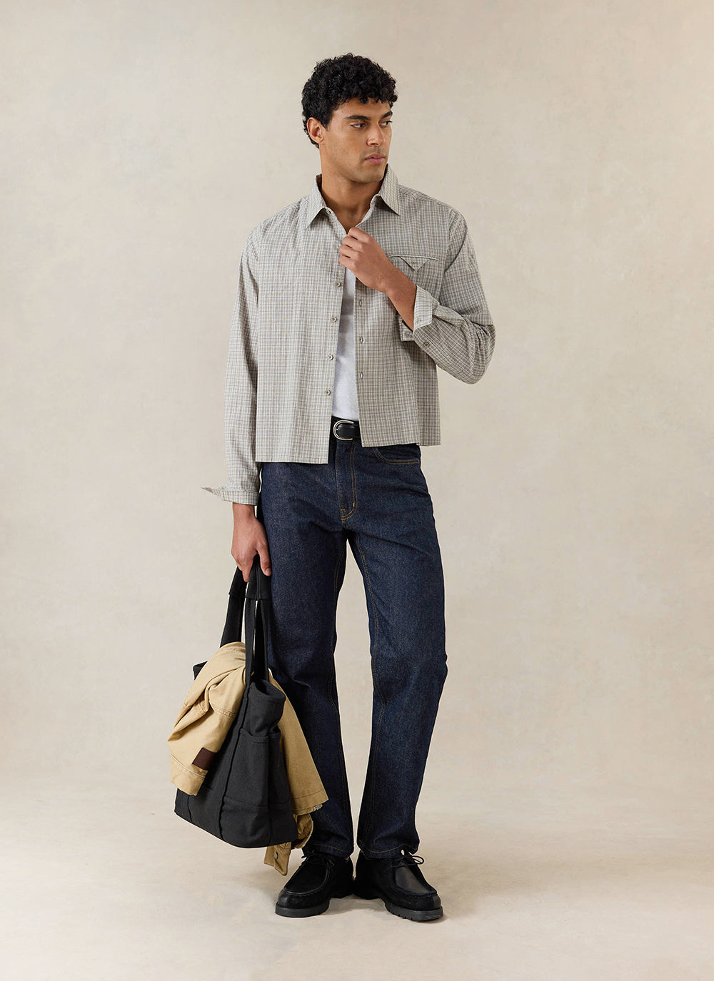 Men's Check Shirt: Hinsley - Cotton - Cream Check - Percival
