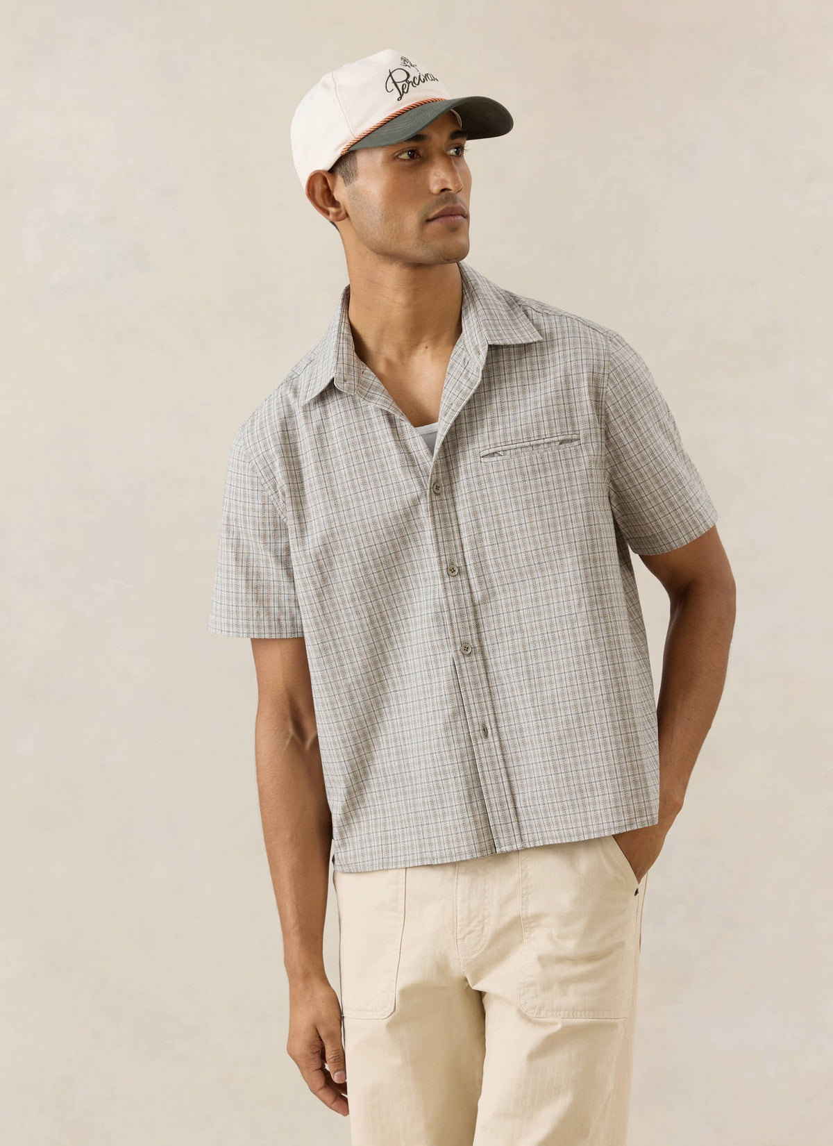 Men's Boxy Short Sleeve Shirt - Cotton - Cream Check - Percival