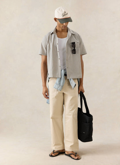 Men's Boxy Short Sleeve Shirt - Cotton - Cream Check - Percival