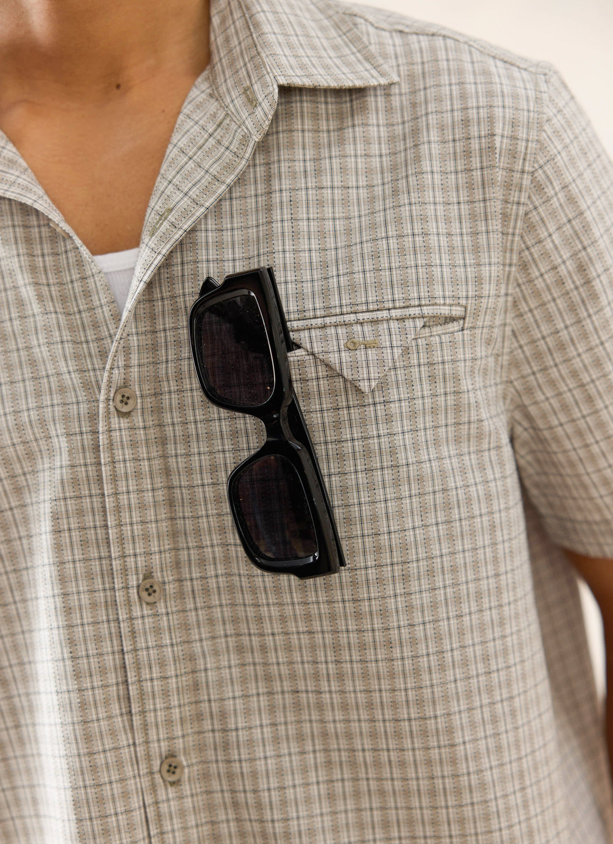 Men's Boxy Short Sleeve Shirt - Cotton - Cream Check - Percival