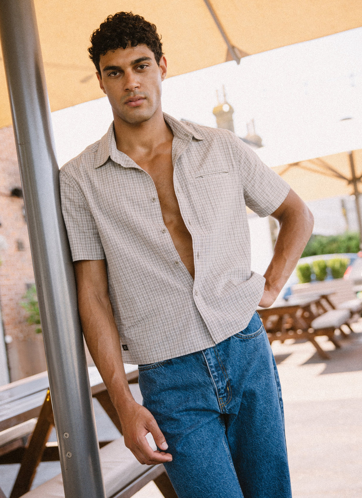 Men's Boxy Short Sleeve Shirt - Cotton - Cream Check - Percival