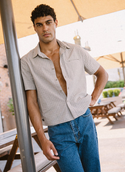 Men's Boxy Short Sleeve Shirt - Cotton - Cream Check - Percival