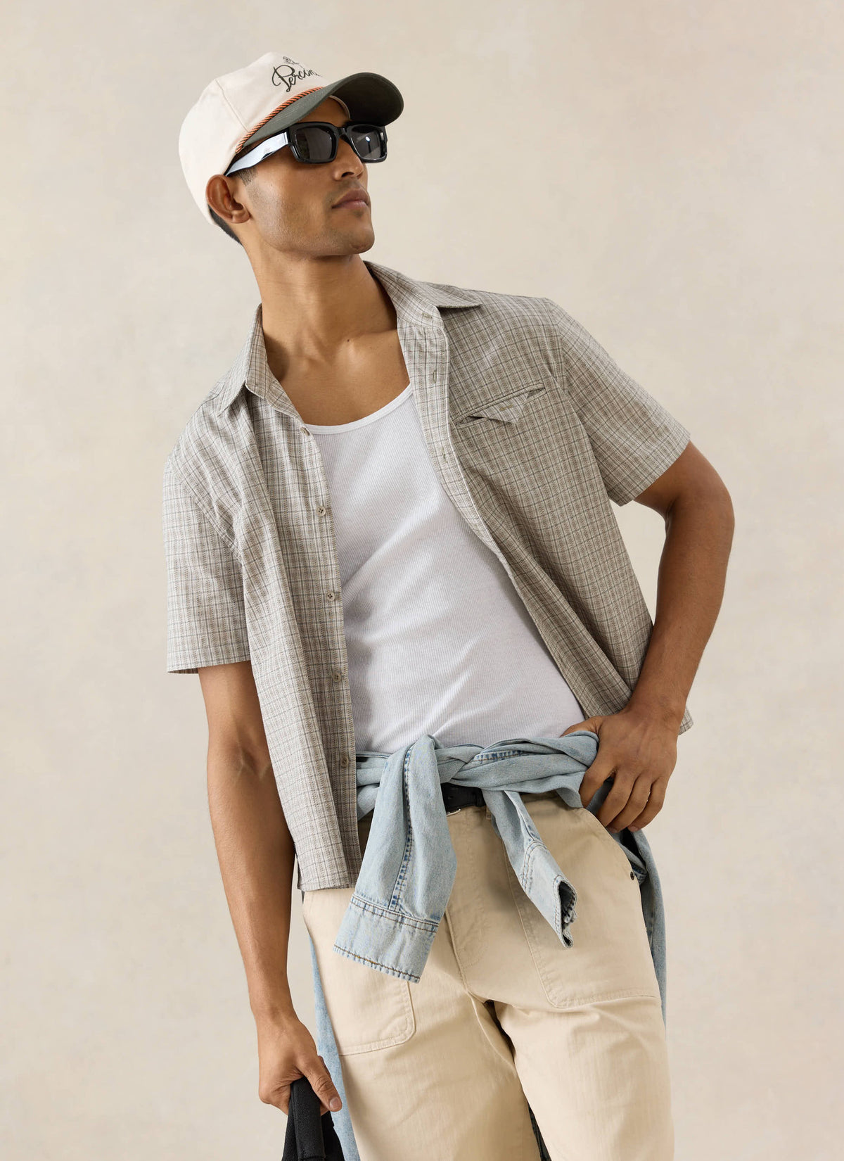 Men's Boxy Short Sleeve Shirt - Cotton - Cream Check - Percival