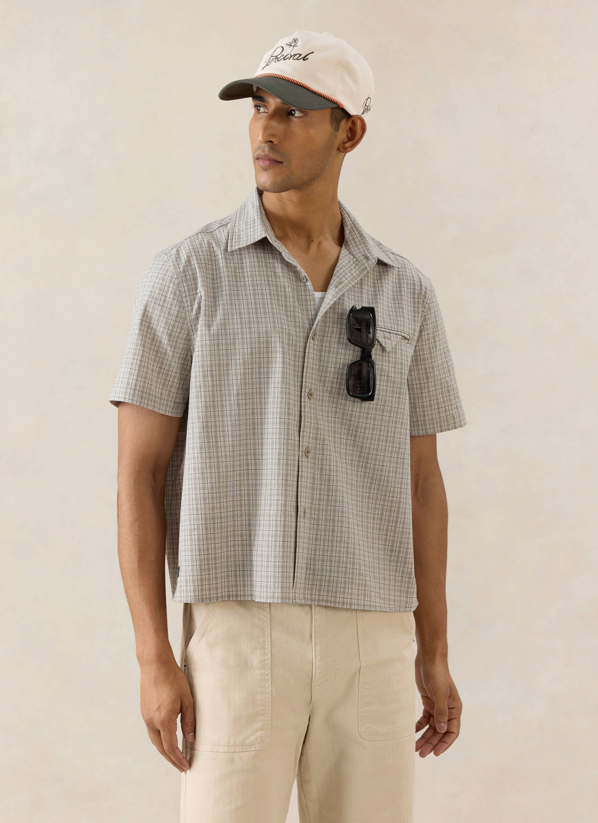 Men's Boxy Short Sleeve Shirt - Cotton - Cream Check - Percival