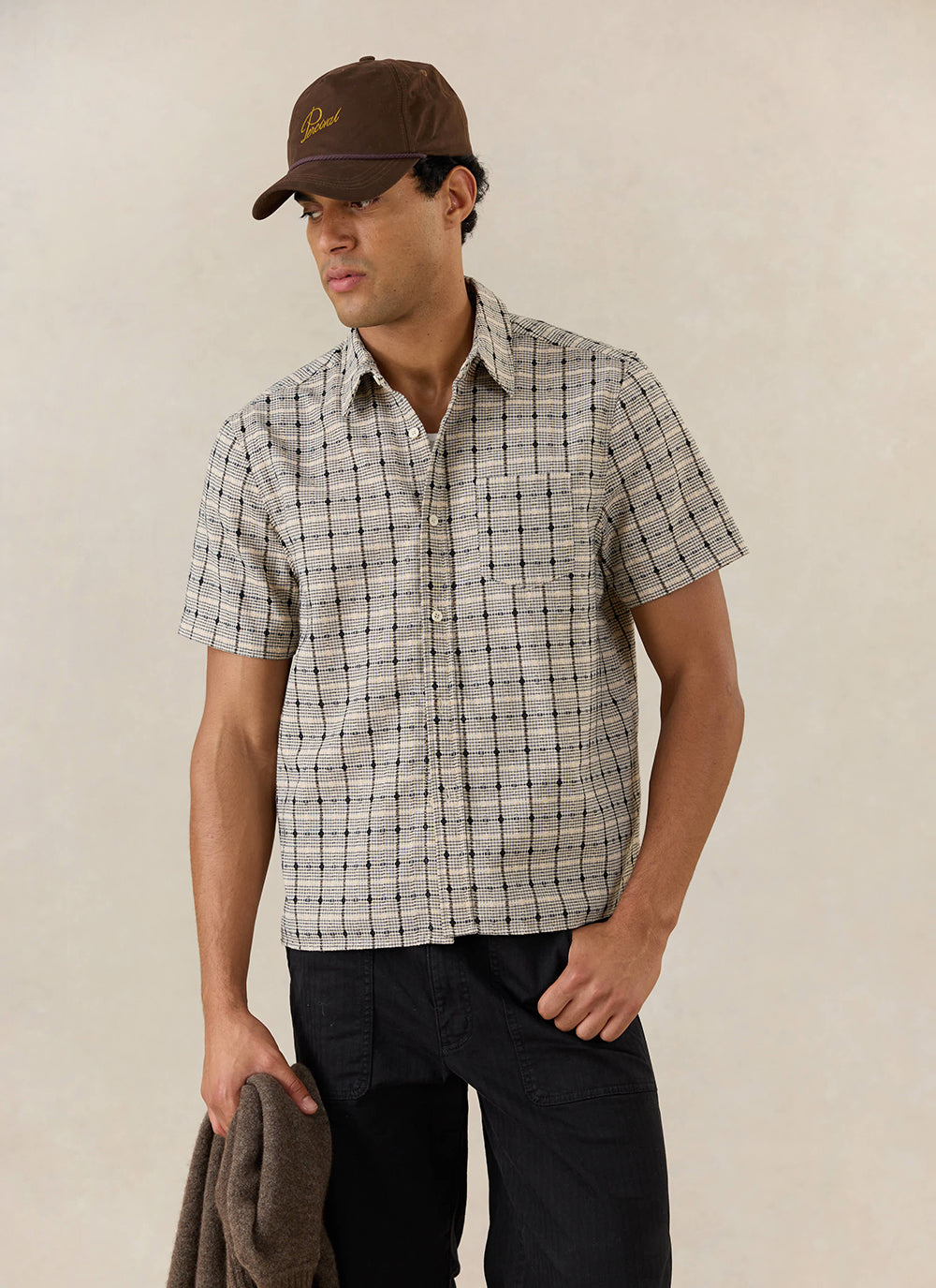 Men's Short Sleeve Check Shirt: Bayley - Cotton - Cream - Percival