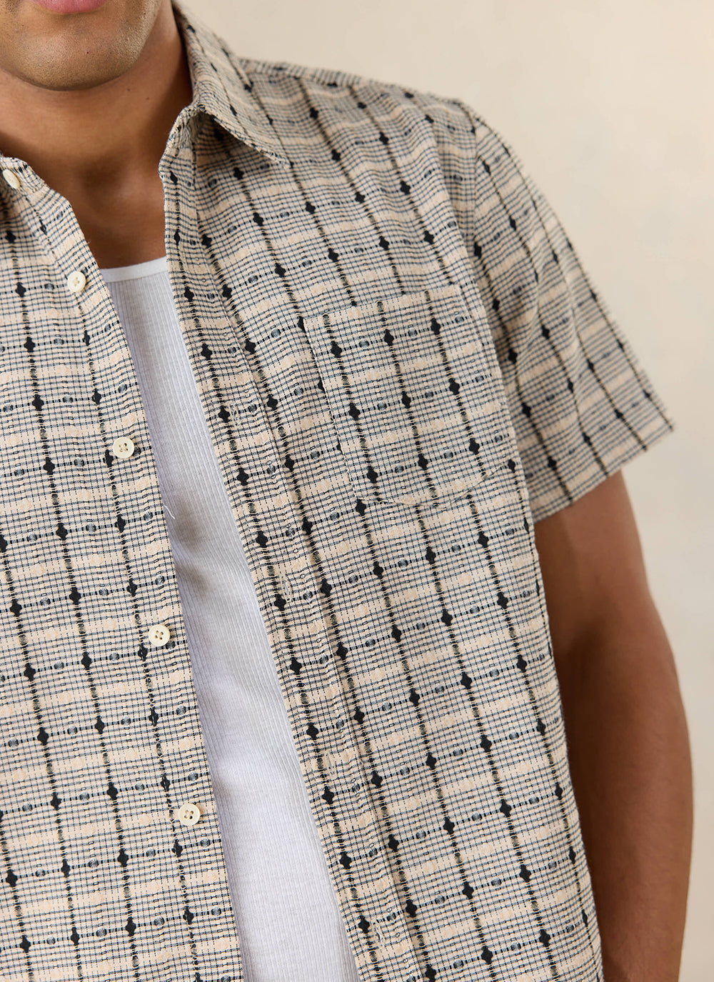 Men's Short Sleeve Check Shirt: Bayley - Cotton - Cream - Percival