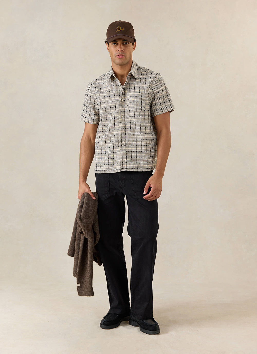 Men's Short Sleeve Check Shirt: Bayley - Cotton - Cream - Percival