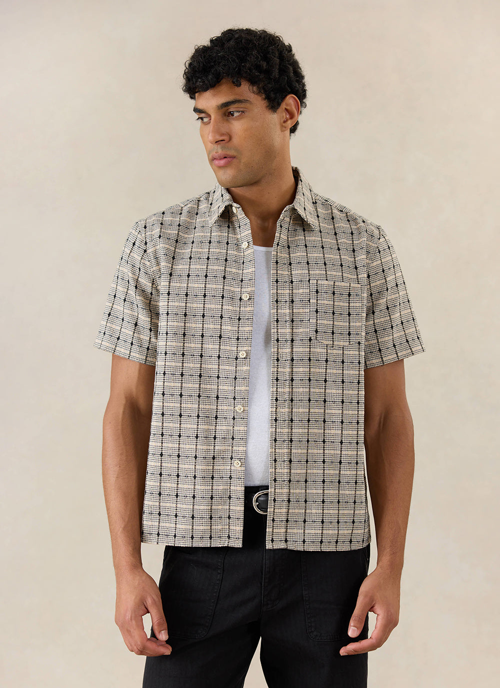 Men's Short Sleeve Check Shirt: Bayley - Cotton - Cream - Percival