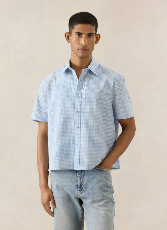 Men's Boxy Short Sleeve Shirt - Cotton - Blue Check - Percival
