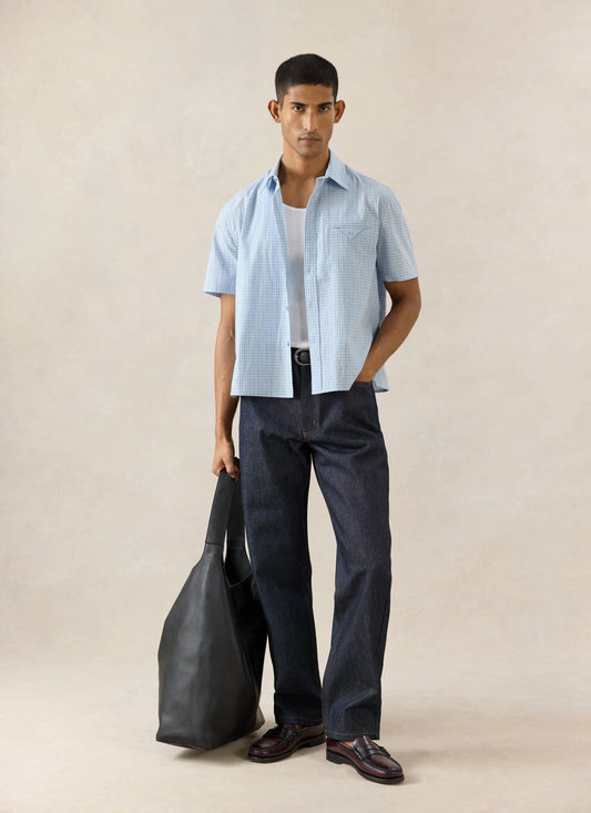 Men's Boxy Short Sleeve Shirt - Cotton - Blue Check - Percival