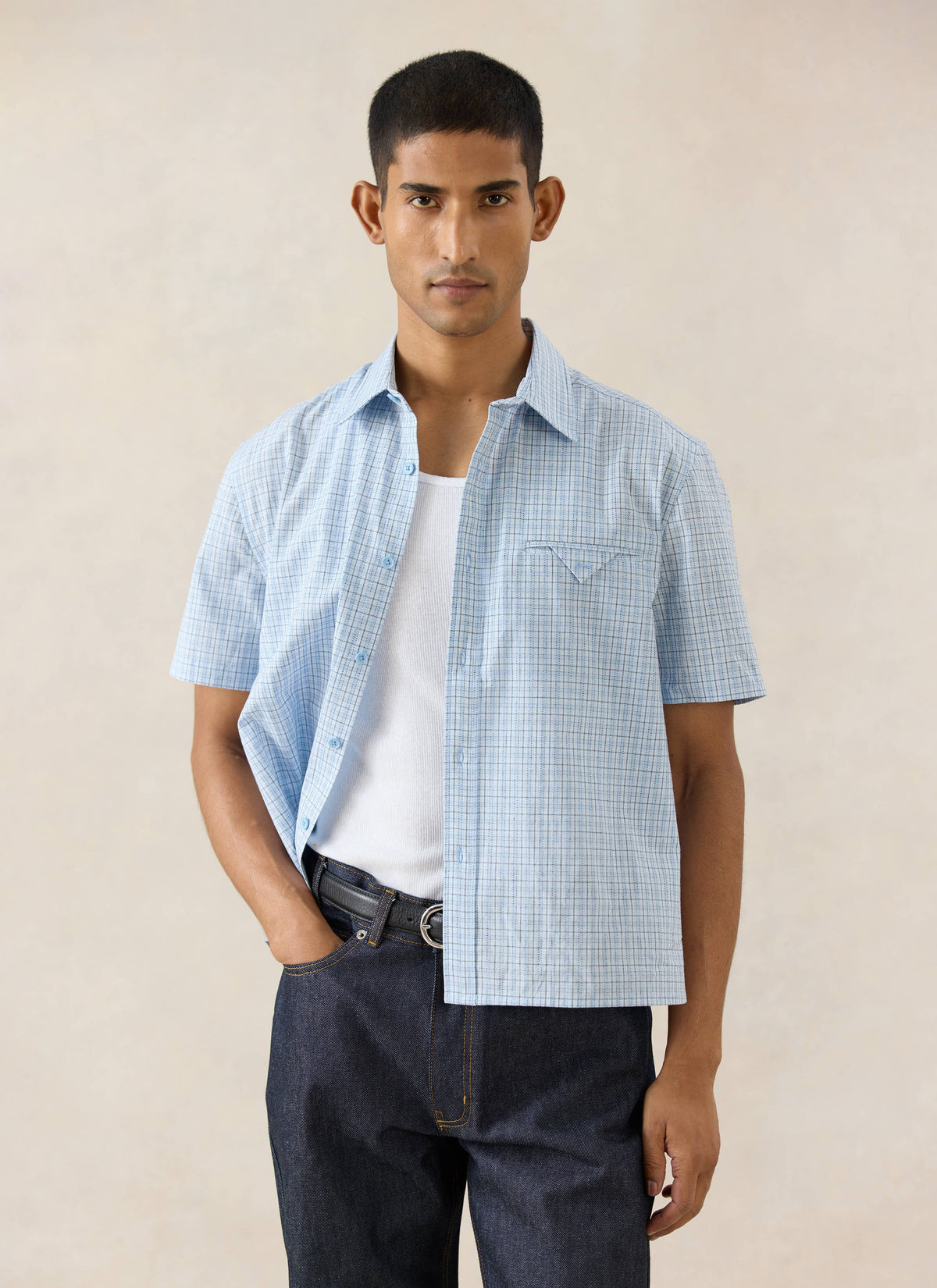 Men's Boxy Short Sleeve Shirt - Cotton - Blue Check - Percival