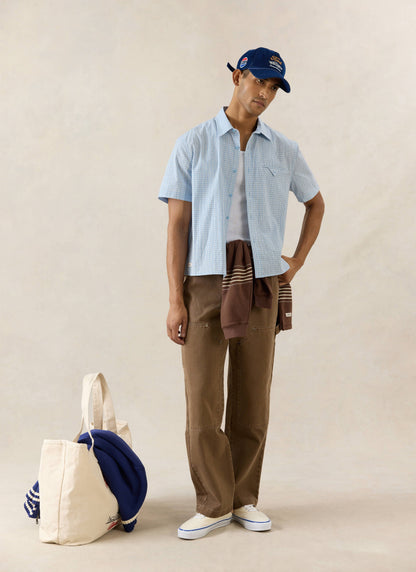 Men's Boxy Short Sleeve Shirt - Cotton - Blue Check - Percival